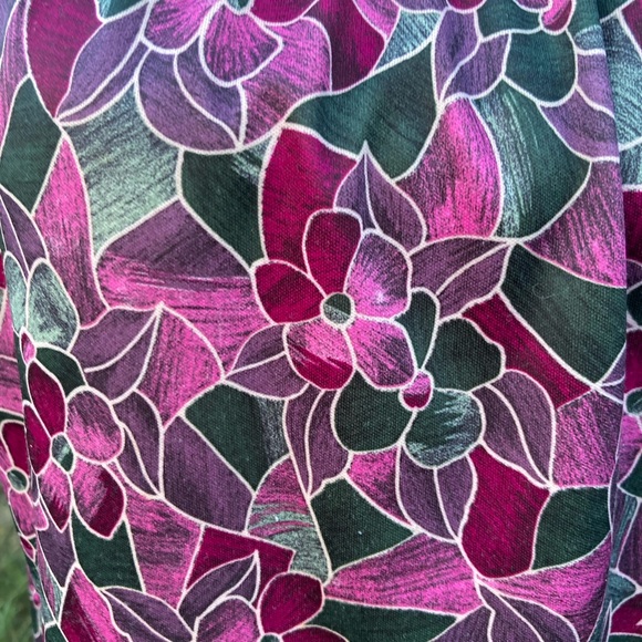 Vintage 70s-80s Purple Green Floral Flutter Sleeve Blouse Stained Glass L - Picture 7 of 7